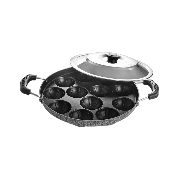 cello 12 Cavity Grill Appam Patra Double Handle Paniarakkal Pan 25 cm diameter with Lid 1 L capacity