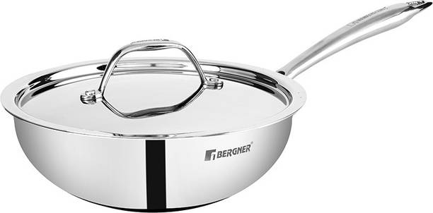 BERGNER Argent TriPly Stainless Steel Wok With Induction Bottom Wok with Lid 2.23 L capacity 22 cm diameter