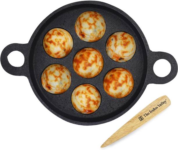 The Indus Valley Super Smooth Cast Iron Paniyaram Pan with Free Wooden Picker|7 Pit-7.4 inch
