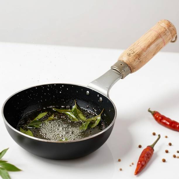 BLUEVEL Pure Iron Tadka Pan with Wooden Handle | Small Tadka Pan Kitchen, Tadka Pan 13 cm diameter 0.3 L capacity