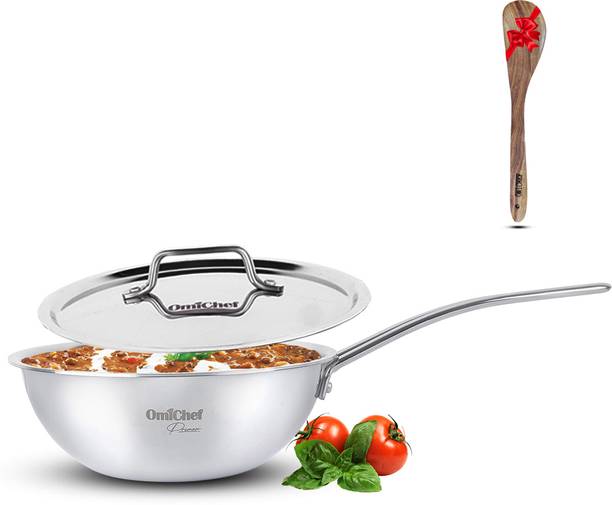 Omichef Primax 22CM(2Ltr) Triply Stainless Steel Wire Handle Wok/Kadhai, Wok with Lid 2 L capacity 22 cm diameter