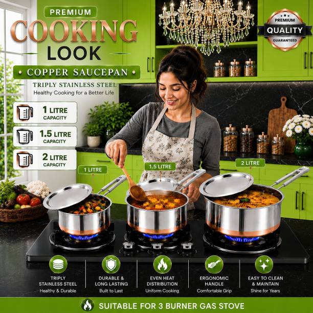 Red Robin Stainless Steel Sauce Pan Set for Gas Stove Heavy Gauge 3 Pcs Pot 14 cm, 16 cm, 18 cm diameter 1 L, 1.5 L, 2 L capacity with Lid