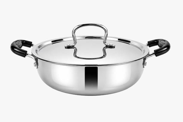 IndiChef Stainless Steel Gas Stove & Induction Friendly Kadahi Heavy Gauge Steel Kadahi Kadhai 26 cm diameter with Lid 3 L capacity