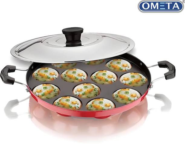 OMETA Non-Stick Appam Maker 12 Cavity Paddu Pan Paniyarakkal Patra with Lid 0.6 L capacity 26 cm diameter