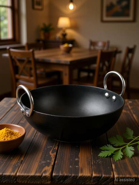 VeerEnterprises Ms Pure Iron / Loha Deep Frying 9 Inches Kadhai 22.5 cm diameter 1.25 L capacity