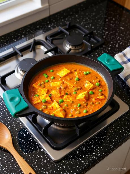 The Indus Valley Pre-Seasoned Cast Iron Kadai Wok model with Silicone Grip - 10 inch Kadhai 25.4 cm diameter 2.5 L capacity