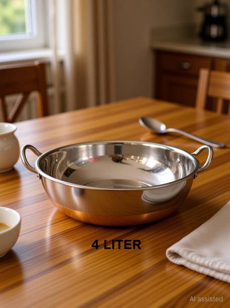 KICHENLY Copper Bottom Stainless Steel Kadhai Pot Pans with Handle Kadhai 25 cm diameter 4 L capacity