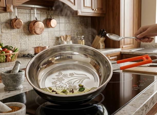 asha enterprises ASHA ENTERPRISES Stainless Steel Fry Pan with Floral Engraving and Orange Chetty Pan 15 cm diameter 1 L capacity