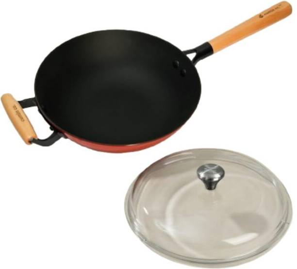 CUMIN CO. CO. Cast Iron Wok LITE with Glass Lid | 2.5L | Rust Wok with Lid 2.5 L capacity 26 cm diameter