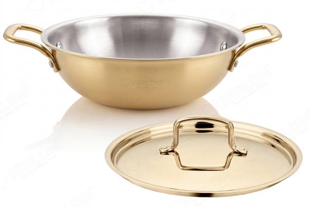NIRLON Premium Gold Series Triply Stainless Steel Cookware Kadhai 24 cm diameter with Lid 2.6 L capacity
