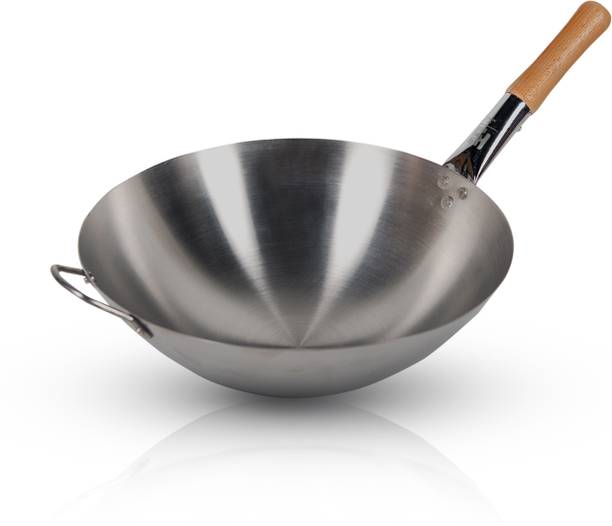 HS WORLD Chinese Wok Stainless Steel Wooden Handle Wok 5.2 L capacity 33.02 cm diameter