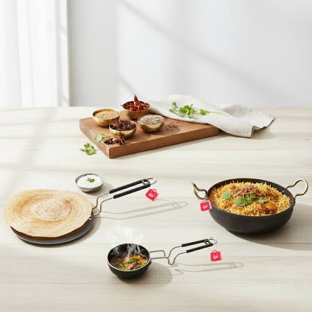 LAZYwindow Traditional Iron Tawa / Tadka Pan with Grip type Handle & Kadhai 25 cm, 11 cm, 20 cm diameter 0.1 L, 0.25 L, 1.2 L capacity