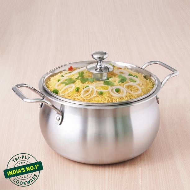 The Indus Valley Triply Stainless Steel Stock Pot with Glass Lid and Twin Handle- 9.5 inch Pot 24 cm diameter 4 L capacity with Lid