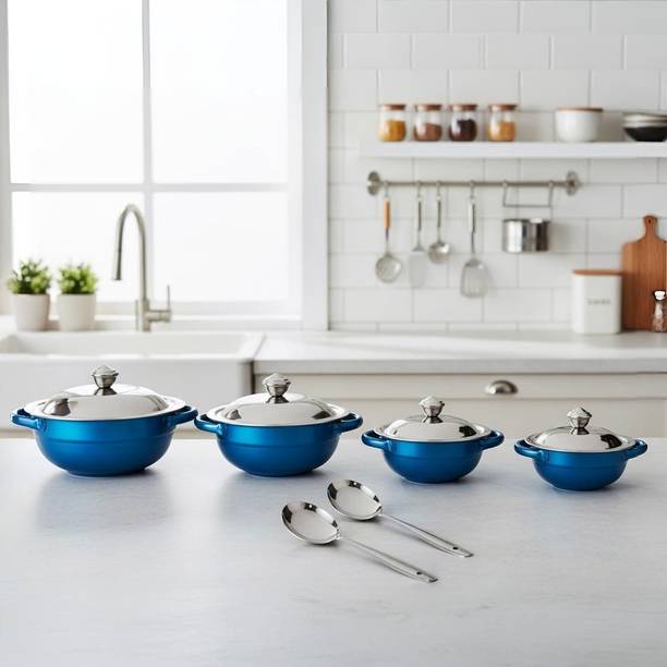 LAZYwindow Blue Bottom Stainless Steel Serving Bowl Set (4 Bowls with Lids, 2 Spoons) Kadhai 14.3 cm, 22.5 cm, 16.6 cm, 18.6 cm diameter with Lid 1.5 L, 0.5 L, 0.75 L, 1.1 L capacity