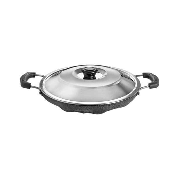 cello Non-Stick 12 Cavity Appam Patra Double Handle Paniarakkal Pan 25 cm diameter with Lid 1 L capacity