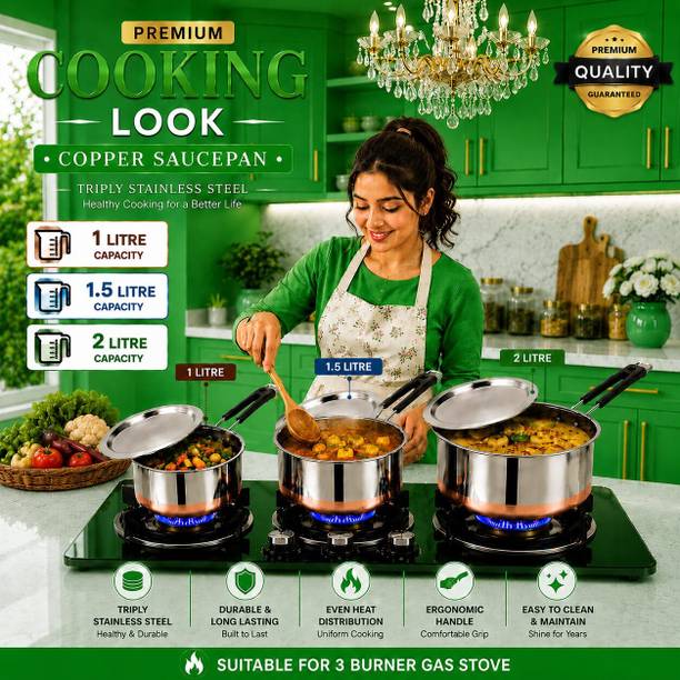 FEMEO Premium Steel Sauce Pan Set Copper Bottom for Daily Cooking 3 Pcs Pot 14 cm, 16 cm, 18 cm diameter 1 L, 1.5 L, 2 L capacity with Lid