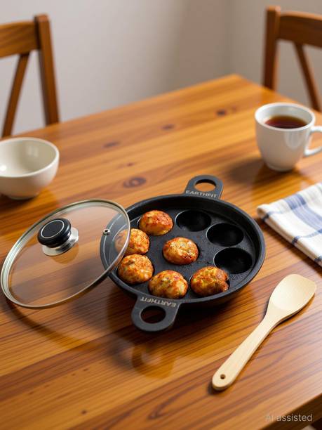 EARTHFIT Appam Pan with Lid and Spatula, Paniyaram Pan, 9 Pit Twin Handle Tawa 23 cm diameter with Lid