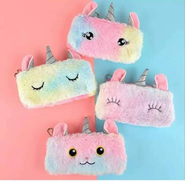 PKM Fur Cute Cat &amp; Unicorn Cute Fur Pouch for Girls School Pencil Pouch Stationery Gift Art Canvas Pencil Box