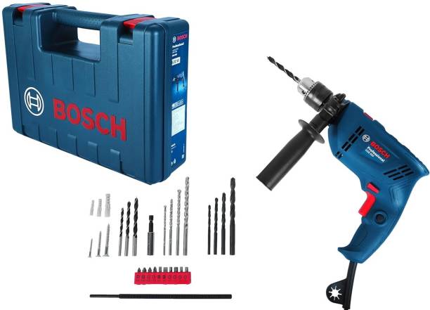 BOSCH GSB 600 Corded Electric Impact Drill with Wrapset Kit, 600 W, 3000 RPM 1.4 Nm, Variable Speed, Forward/Reverse Rotation, Double Insulation Pistol Grip Drill