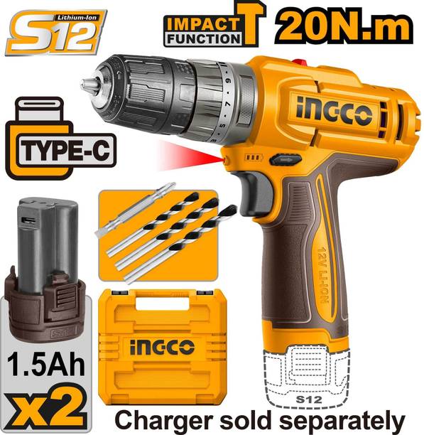 INGCO 12V Cordless Impact Drill Machine, 18+1+1, 20Nm, ...