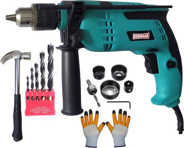 DUMDAAR 6 Month Warranty 13mm Reversible Impact drill machine900w with Red GLOVES ,5pc Wood, 6pc Hole saw &amp; Claw hammer set Pistol Grip Drill