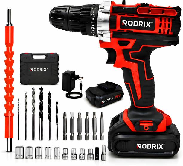 Rodrix 21V Cordless Drill Machine, 30Nm, 2-Speed, 10mm Chuck, LED Light, 2 Batteries Power & Hand Tool Kit