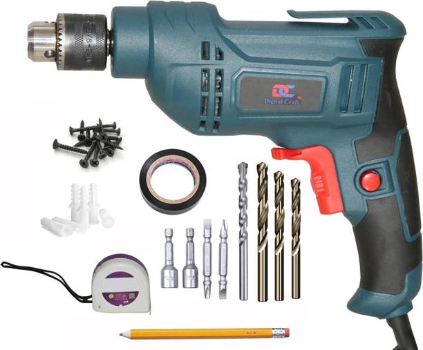 Digital Craft Electric 600w Reversible Drill Machine 10MM,PVC Tape Gypsum Screw Plug,Tape 3Mtr Power & Hand Tool Kit