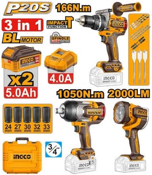 INGCO CORDLESS IMPACT WRENCH 1050NM & 166NM IMPACT DRILL Power & Hand Tool Kit