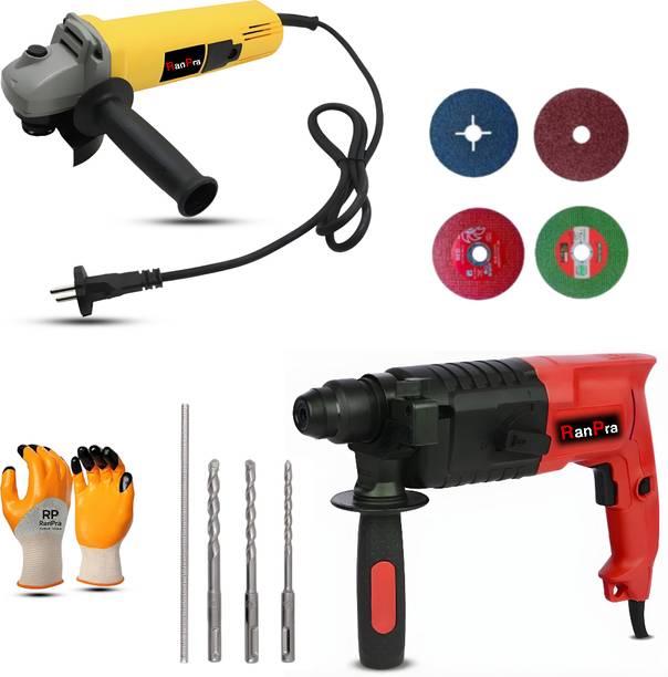 RanPra 4'' ANGLE GRINDER WITH 4 USEABLE BLADE | 20MM HAMMER DRILL | SAFETY GLOVES | Power & Hand Tool Kit
