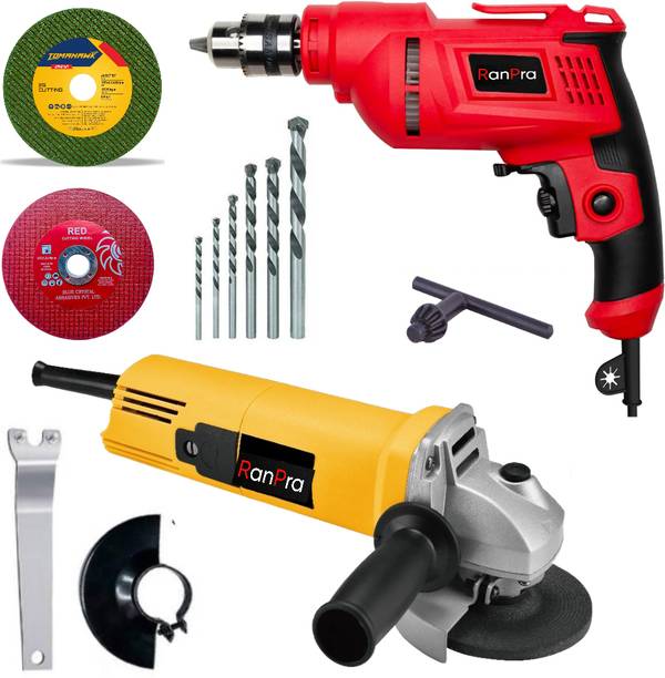 RanPra COMBO | 10MM DRILL MACHINE WITH DRILL BIT SET | ANGLE GRINDER WITH 2BLADES | Power & Hand Tool Kit