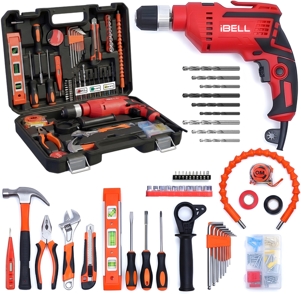 iBELL Tool Kit with Impact Drill TD13-100, 650W, Copper Armature, Chuck 13mm Keyless Power & Hand Tool Kit