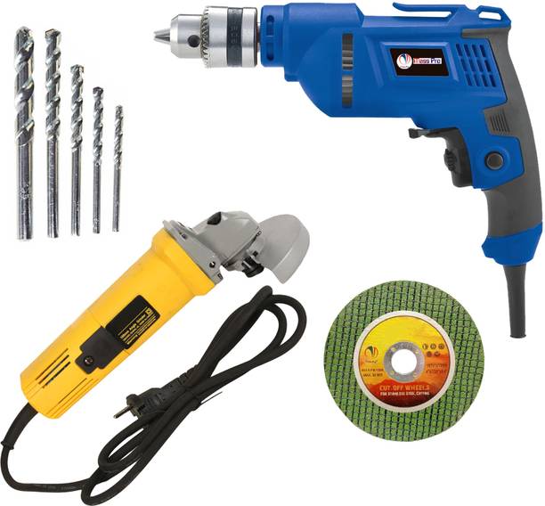 Mass Pro 10mm Electric Power Drill Machine 600W Reversible With 4" Angle Grinder & Bits Power & Hand Tool Kit