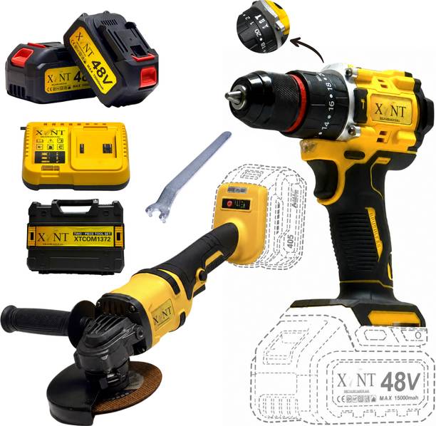 XLNT XLNT 2PCS 48V Cordless 10mm Drill & Angle Grinder, 2Batteries Fast Charger Power & Hand Tool Kit