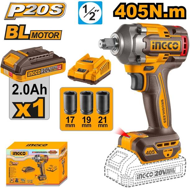 INGCO BRUSHLESS CORDLESS 405 IMPACT WRENCH WITH 1PCS BATTERY AND CHARGER Power & Hand Tool Kit