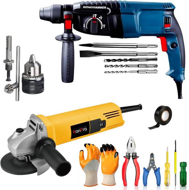 RanPra 26MM ROTARY HAMMER MACHINE| 4INCH ANGLE GRINDER| HANDTOOL SET| DRILL CHUCK SDS Power & Hand Tool Kit