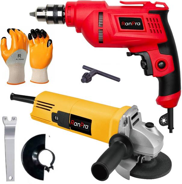 RanPra 10MM DRILL MACHINE | 4INCH ANGLE GRINDER | PAIR OF GLOVES Power & Hand Tool Kit
