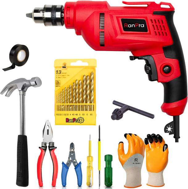 RanPra 10MM DRILL MACHINE WITH HANDTOOL SET & SAFETY GLOVES| 13PCS DRILL BIT Power & Hand Tool Kit