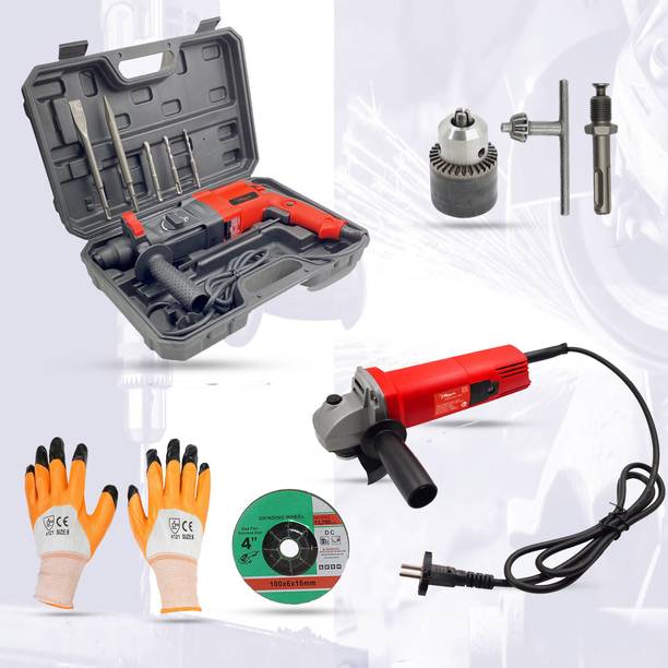 Hillgrove HGCM36M2 1200W-26mm Hammer Drill Forward/Reverse Rotation with Angle Grinder Power & Hand Tool Kit