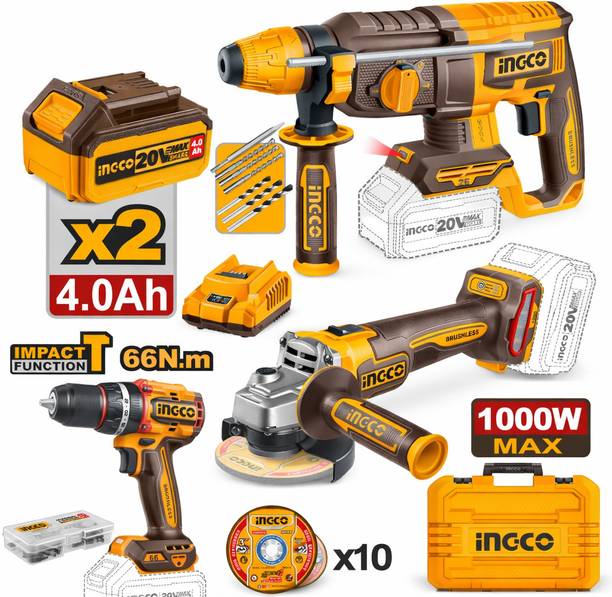 INGCO 20V P20S Brushless 3-in-1 Cordless Kit – Impact Drill, Hammer & Grinder (2x4Ah) Power & Hand Tool Kit