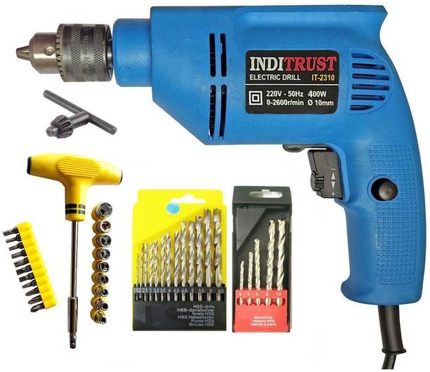 Inditrust 6-Month Warranty 10mm Drill machine & Socket set 13pc Hss and 5pc Masonry bit Power & Hand Tool Kit