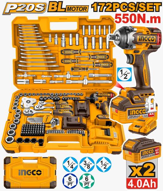 INGCO 20V Cordless BL 550 Nm Max. Torque Impact Wrench With 172 Pcs Tools Set Power & Hand Tool Kit
