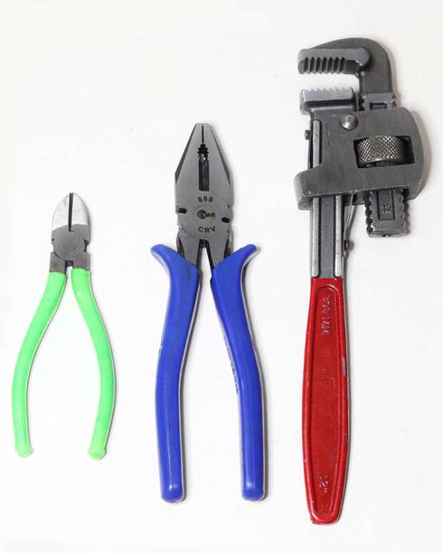 WallVilla Pack Of 3 Hand Tools 1 Plier, 1 Pipe Wrench 12in, 1 Wire Cutter Plier Hand Tool Kit