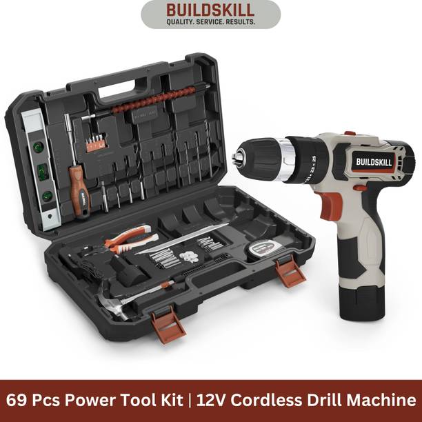 BUILDSKILL 12V Cordless Impact drill machine toolkit | 69 pieces | 1400 RPM variable speed Power & Hand Tool Kit