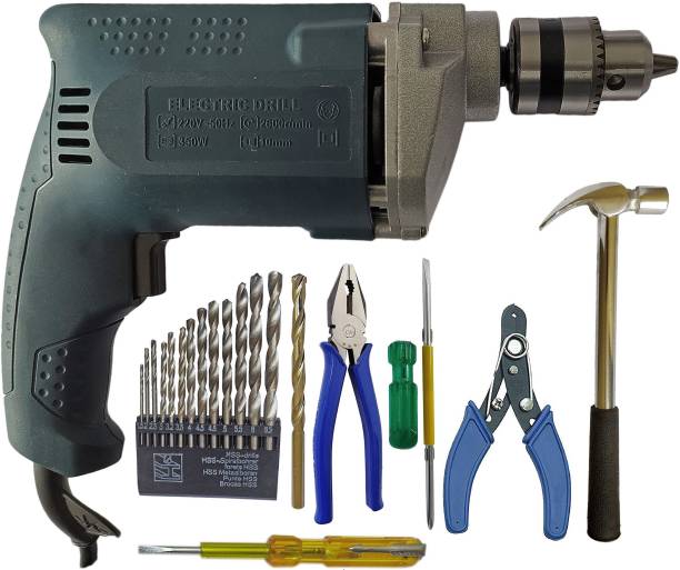 DUMDAAR new 350W 10mm Drill machine 13pc Masonry Plier Screwdriver Cutter Hammer Tester Power &amp; Hand Tool Kit