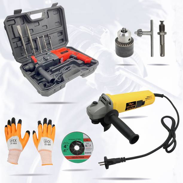 Hillgrove HGCM35M2 1200W-26mm Hammer Drill Forward/Reverse Rotation with Angle Grinder Power & Hand Tool Kit