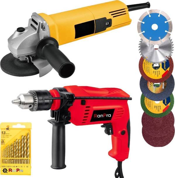 RanPra ANGLE GRINDER| 13MM DRILL MACHINE| 13PC DRILL BIT| 8PC CUTTING & GRINDING WHEEL Power & Hand Tool Kit