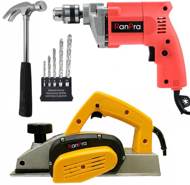 RanPra 82MM HEAVY DUTY POWER PLANER & 10MM POWER DRIL MACHINE +DRILL BITS + HAMMER Corded Planer