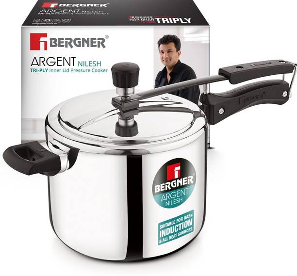 BERGNER Argent Nilesh Inner Lid Triply Pressure Cooker, Rivetless Technology, 5 L Outer Lid Induction Bottom Pressure Cooker