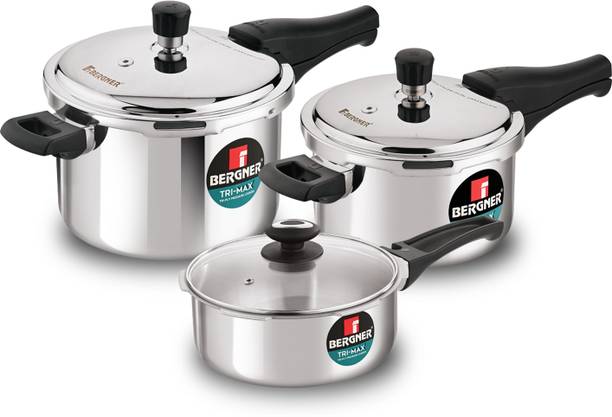 BERGNER Trimax Triply Stainless Steel Outer Lid Pressure Cooker Multi Combo of 5 L, 3 L, 2 L Outer Lid Induction Bottom Pressure Cooker & Pressure Pan