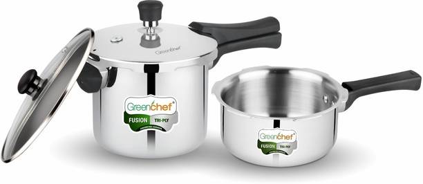 Greenchef Fusion Tri ply pressure cooker combo with Glass Lid 3 L, 2 L Outer Lid Induction Bottom Pressure Cooker & Pressure Pan